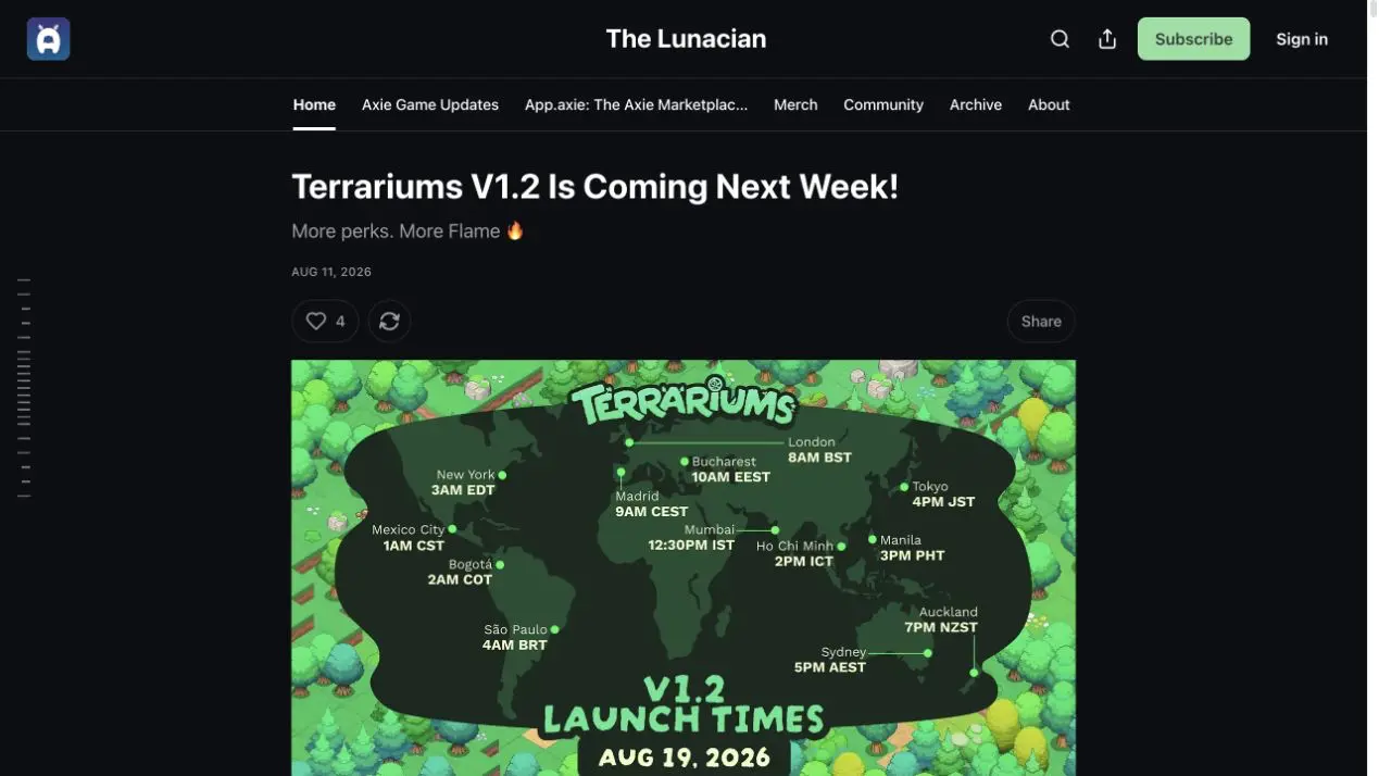 The Axie Infinity release feed announcing Terrariums V1.2 in August 2026