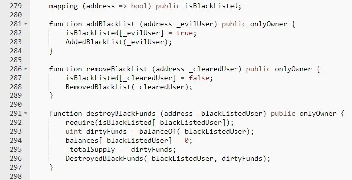 Historical stablecoin smart contract blacklist code example