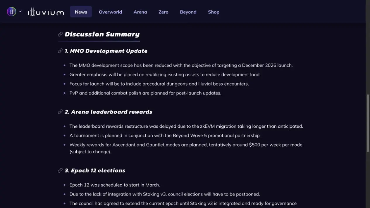 Illuvium council minutes stating that the MMO scope was reduced for a December 2026 target