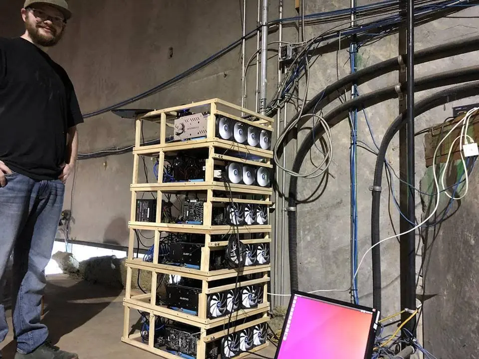 GPU mining rig hardware being maintained