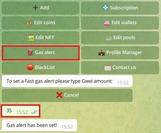 EtherDrops gas alert setup menu