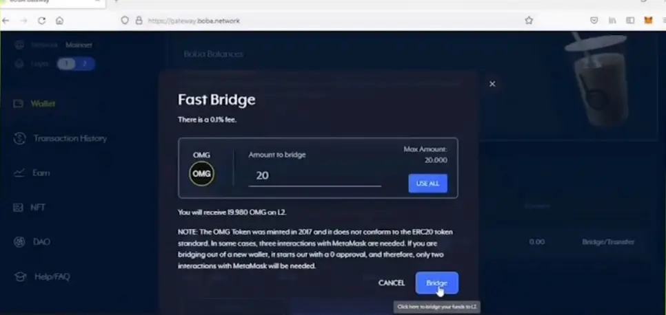 enter amount of OMG to bridge