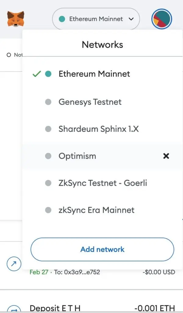 Select network on MetaMask