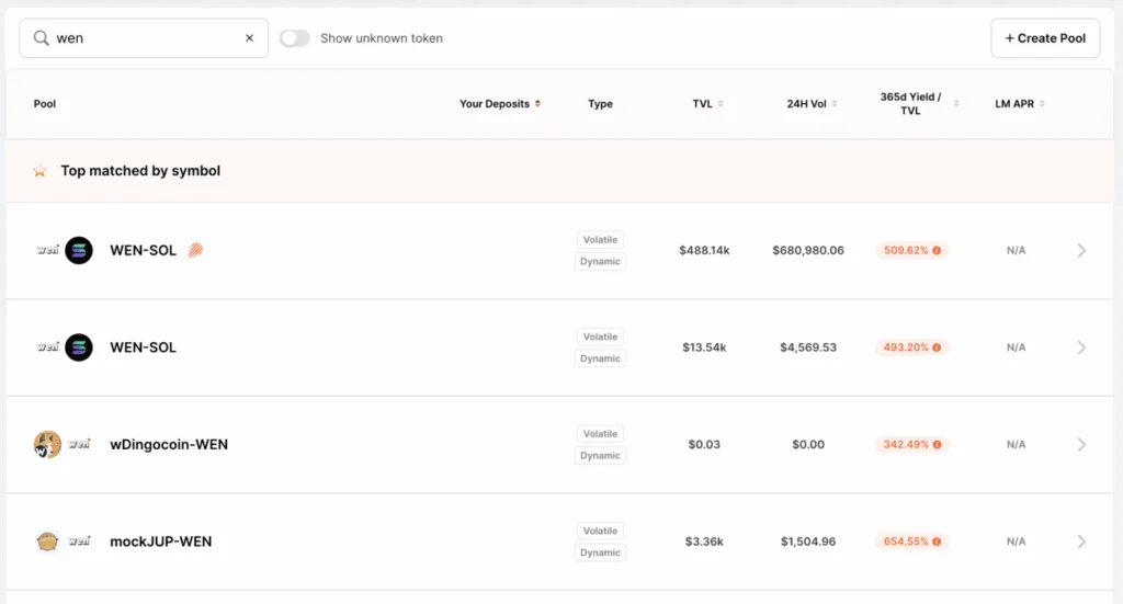 Find WEN pools on Meteora