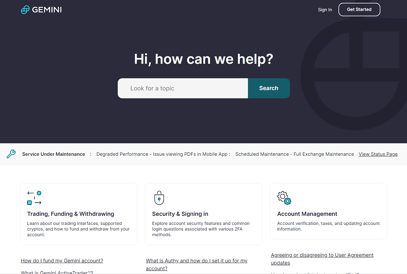 Gemini customer support page