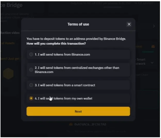 Binance Bridge select transfer method