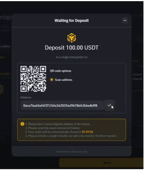 Binance Bridge deposit page