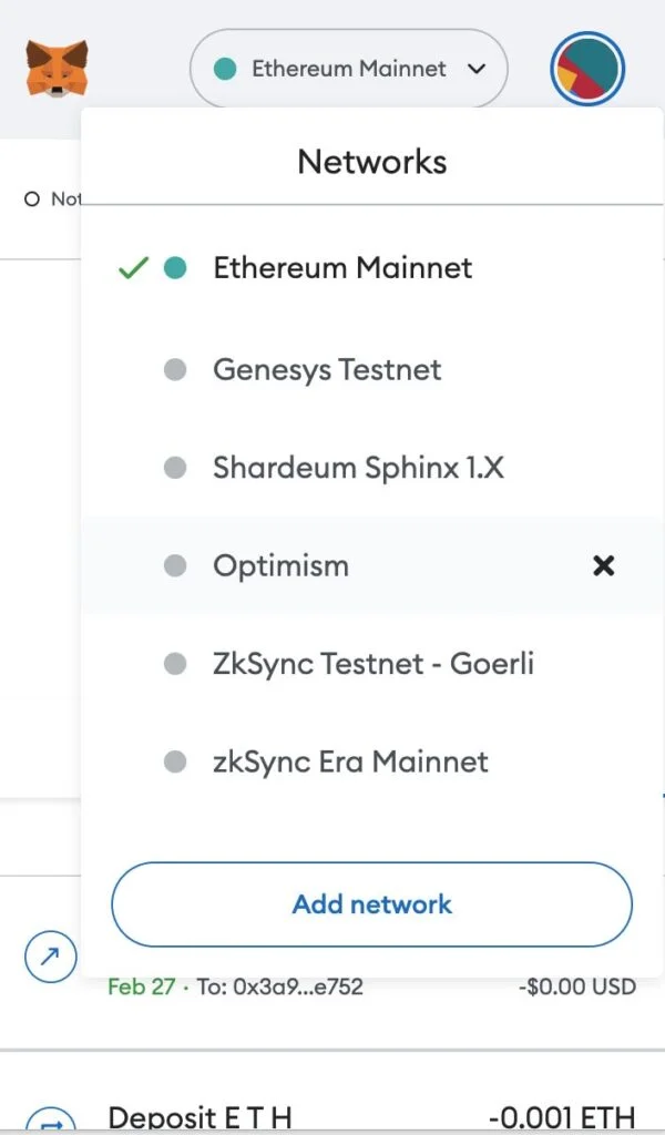 Select network on MetaMask