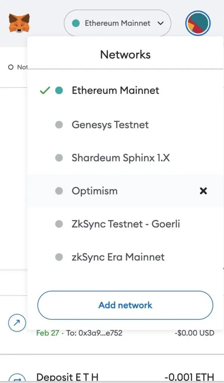Select network on MetaMask