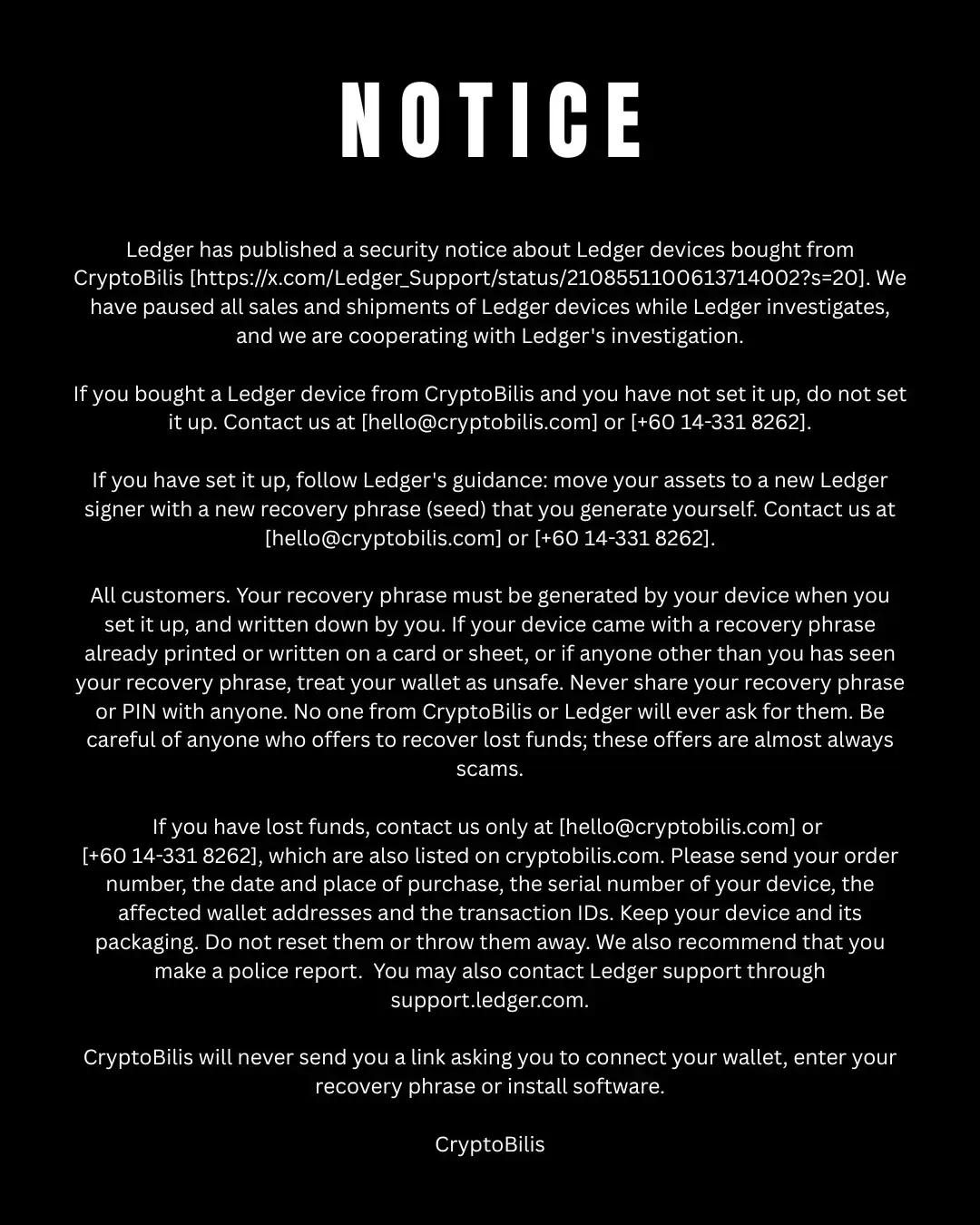 CryptoBilis October 10 official notice announcing a pause in Ledger sales and shipments and asking affected buyers to preserve evidence