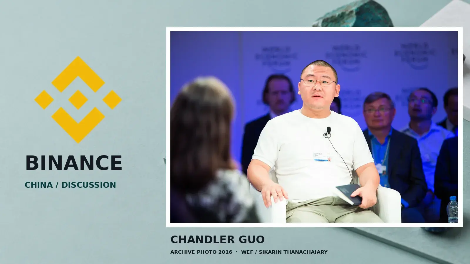 Authentic Binance logo beside an archival photograph of Chandler Guo at the 2016 World Economic Forum
