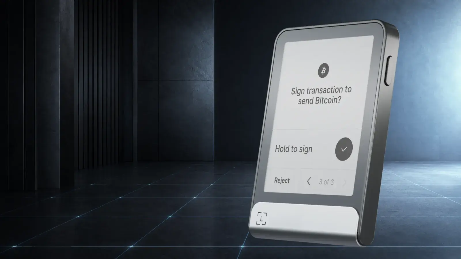 Ledger Flex hardware wallet in a dark graphite studio scene