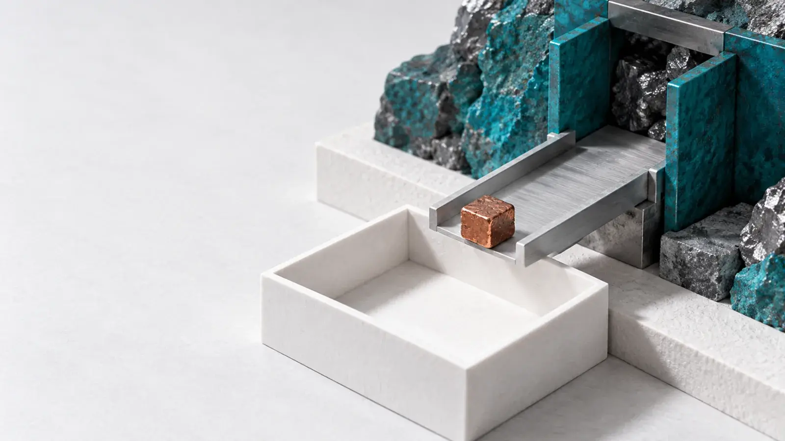 A small copper cargo block crosses a teal and aluminium bridge toward a white receiving tray