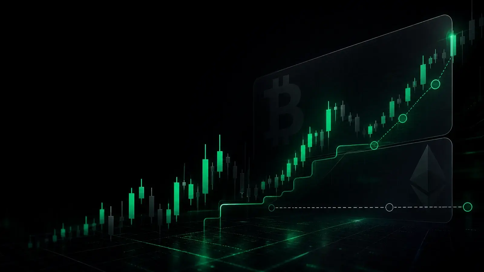 Abstract crypto trading strategy chart with risk-management overlays