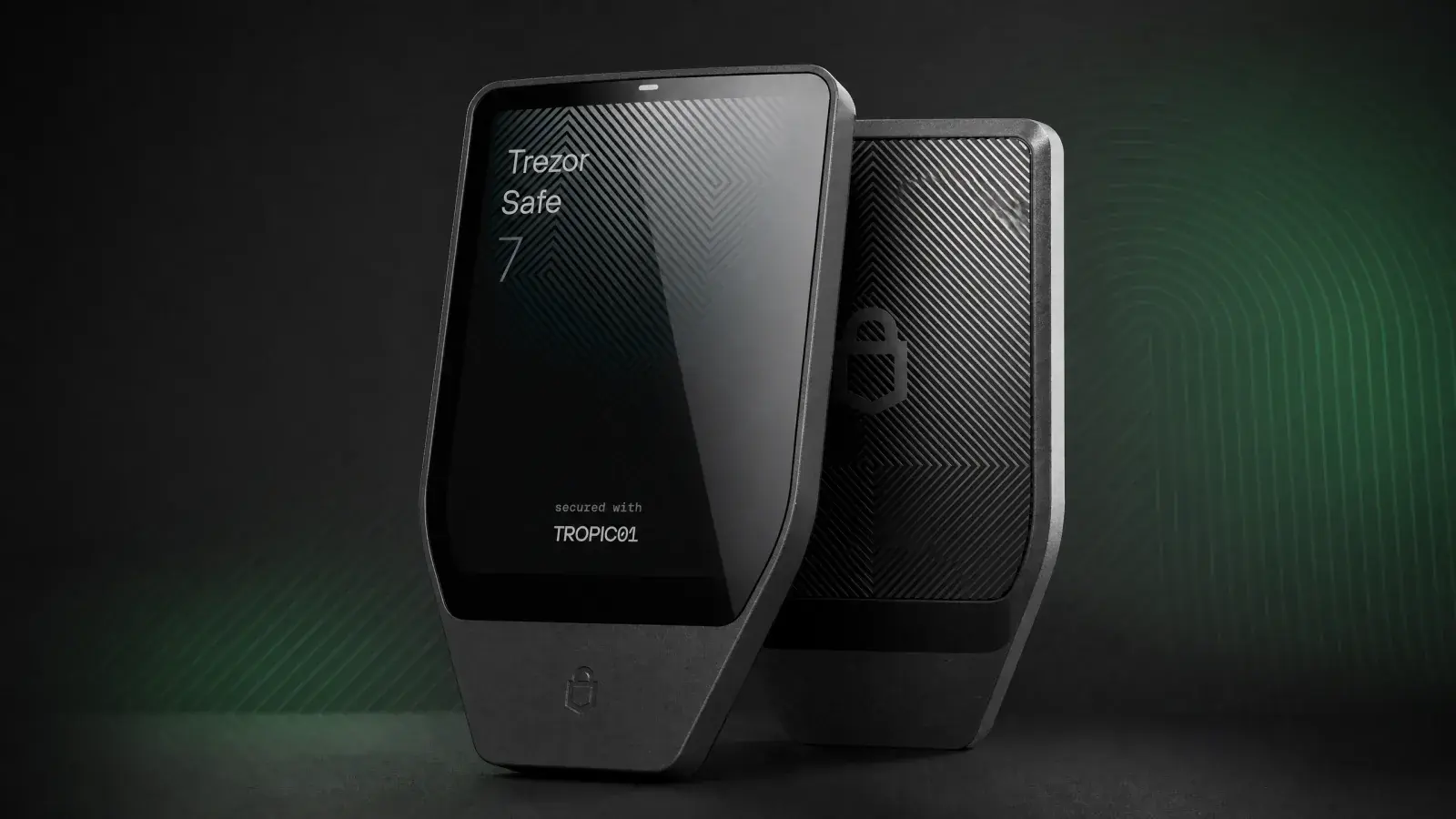Trezor Safe 7 hardware wallet on a dark green security-pattern background