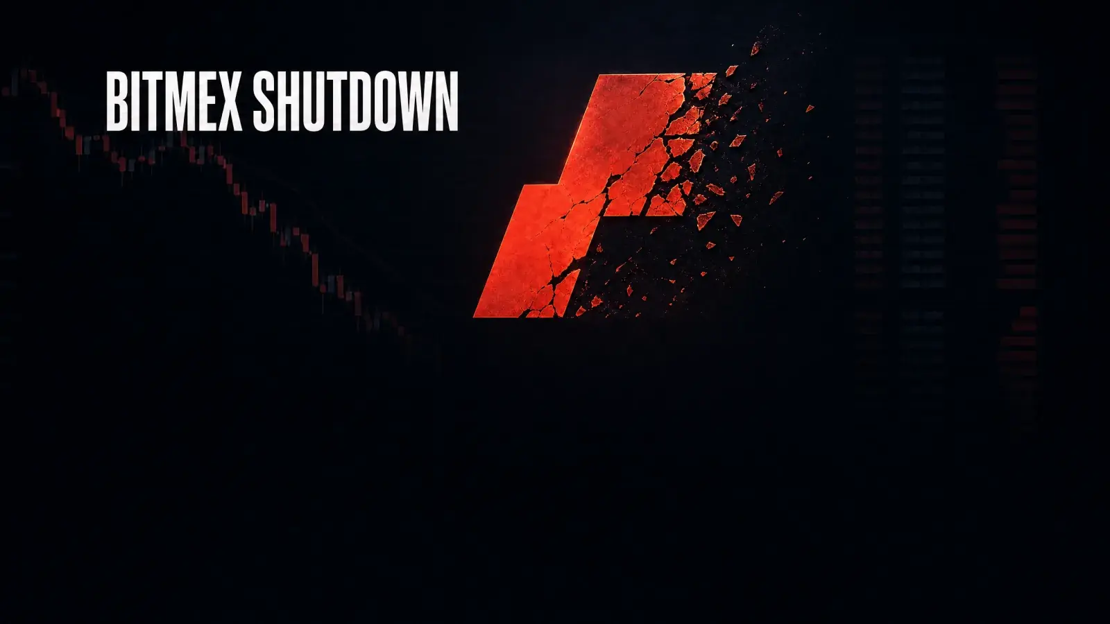 BitMEX shutdown graphic with the exchange's red mark breaking apart over a falling trading chart