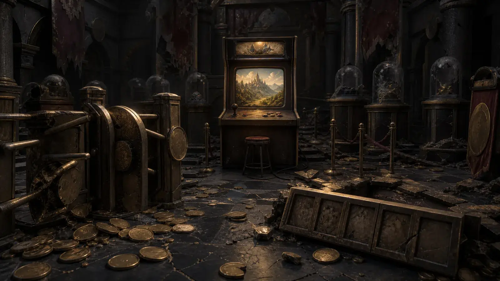 A broken token-gated arcade with one working game cabinet still lit