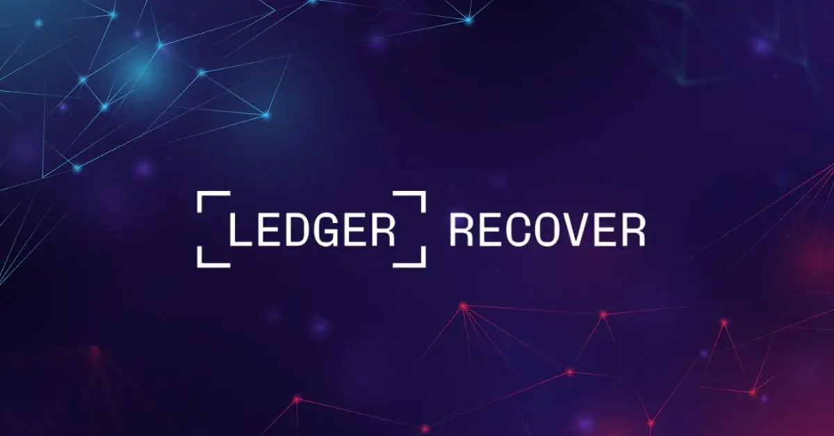 Hardware wallet and three backup capsules beside an identity card, illustrating Ledger Recover