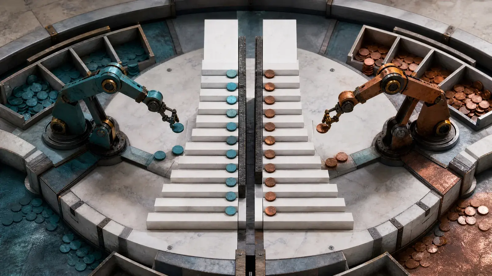 Two mechanical market-making arms placing teal and copper quote tokens on opposite sides of a central order book
