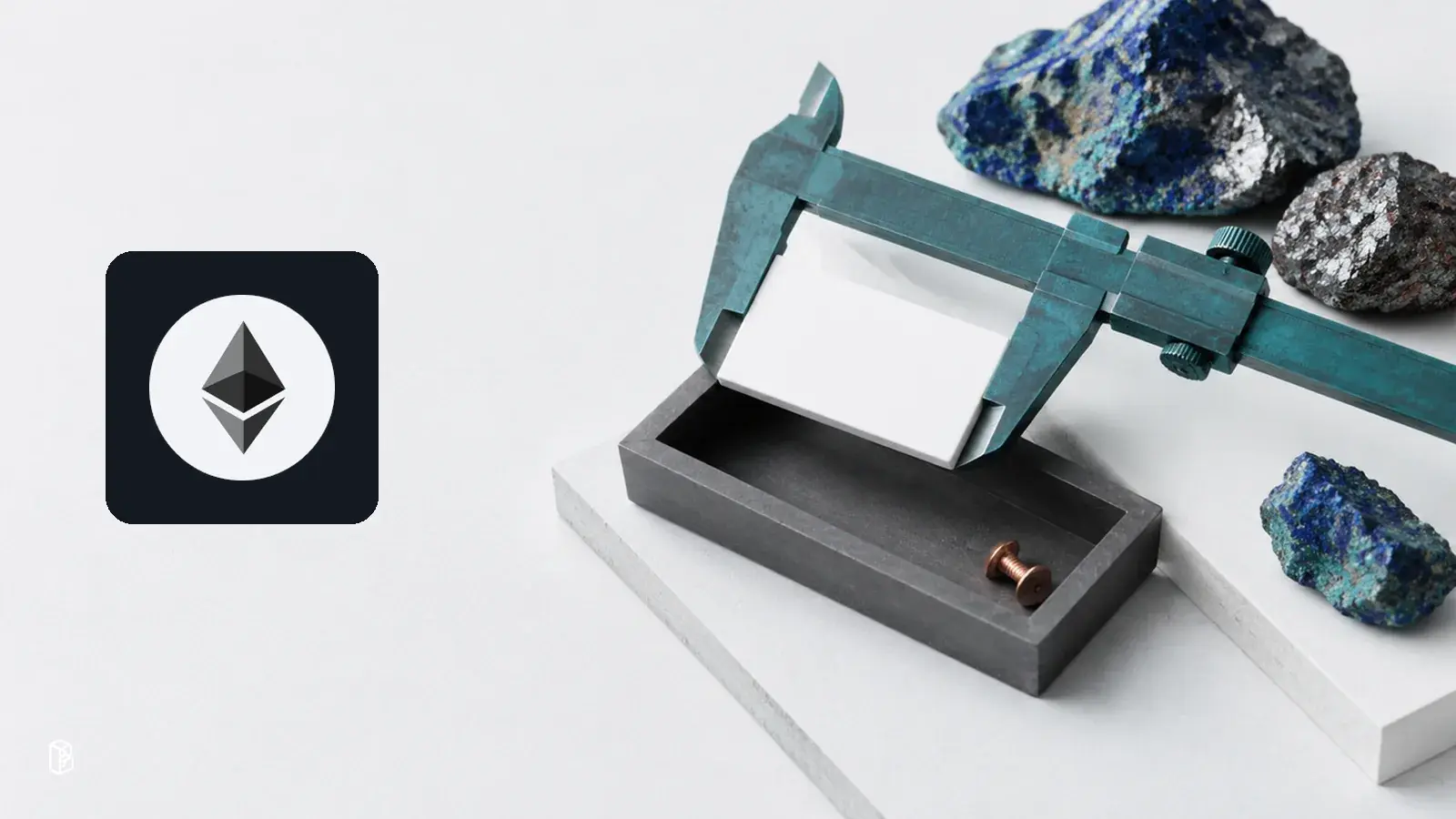 Ethereum mark beside a teal caliper checking a blank white data tile above a graphite tray