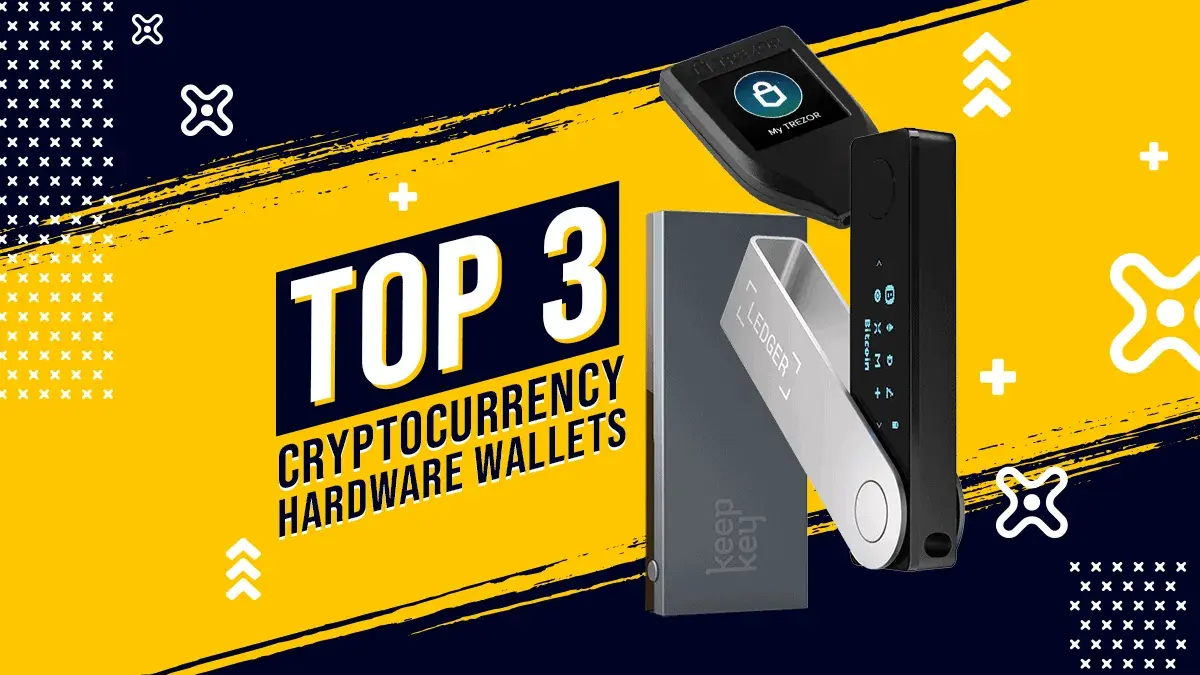 Three unbranded hardware wallet forms beside a copper key on a mineral tabletop