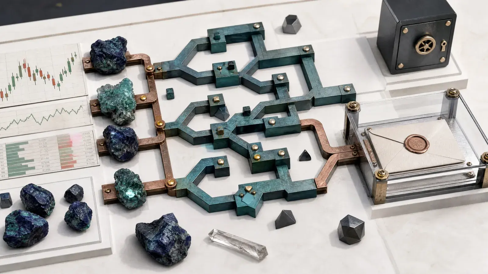 Tabletop AI trading mechanism routing chart data through branching mineral pathways toward a sealed order and locked vault