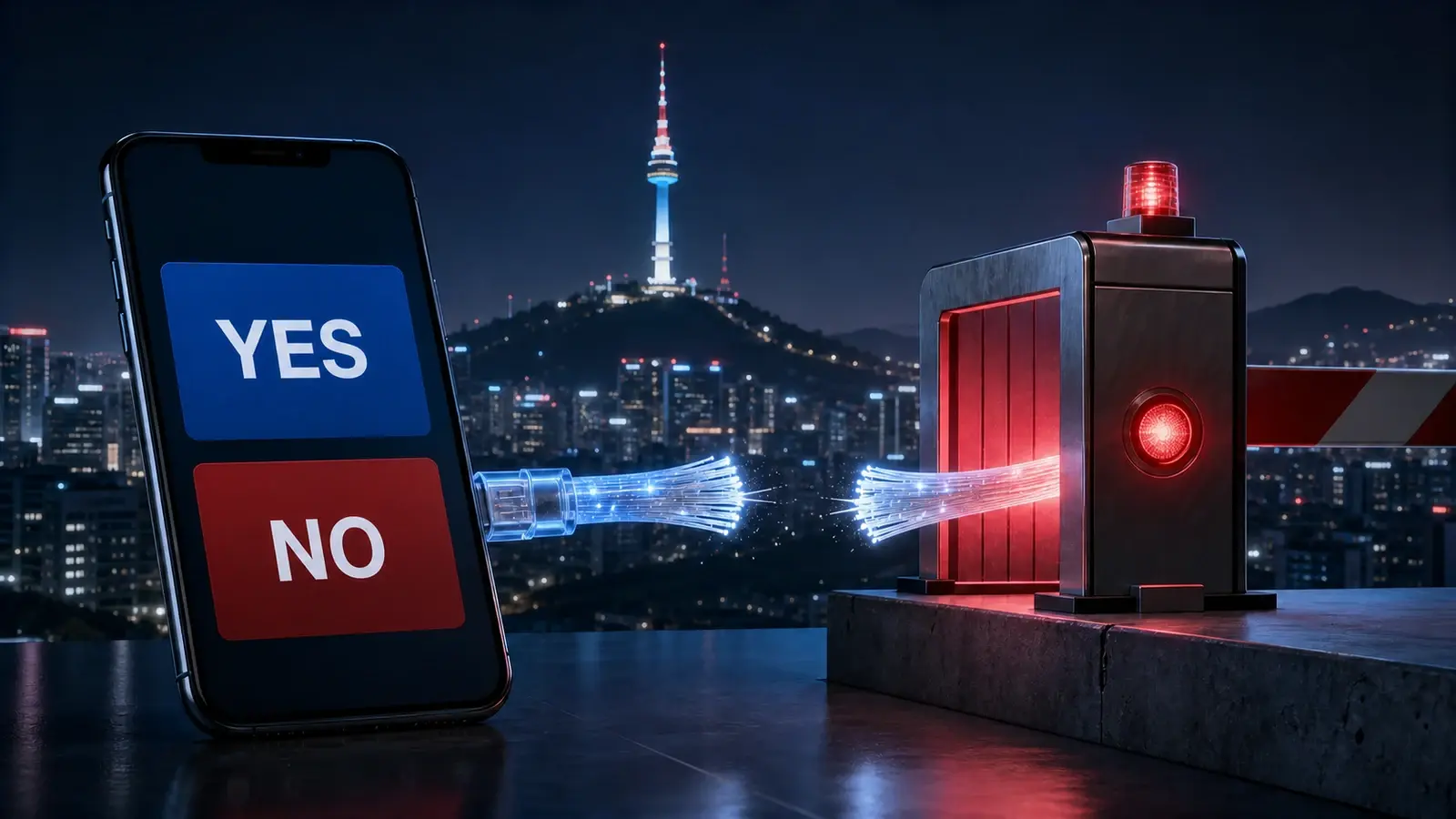 A YES-or-NO prediction market phone disconnected at a red internet checkpoint in front of the Seoul skyline