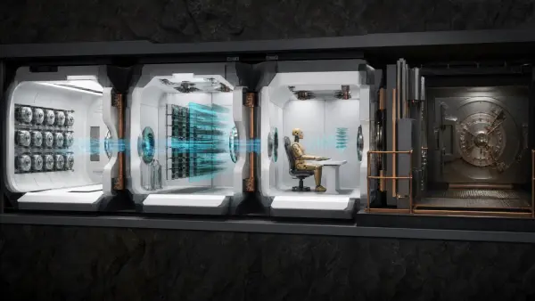 Four-stage test tunnel moving a strategy from historical data through replay and paper execution toward a locked capital vault