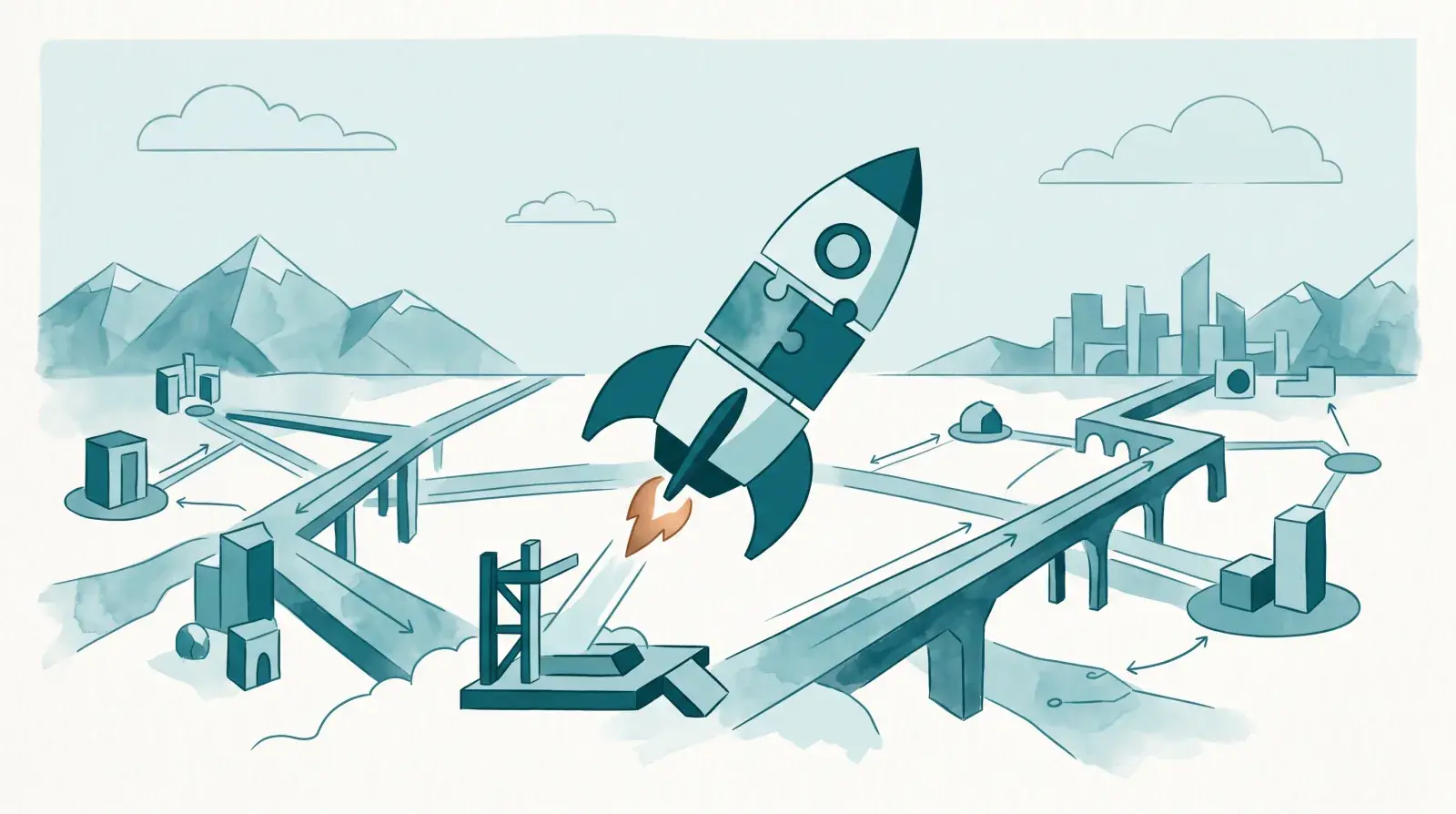 A teal bridge carries a copper parcel between platforms, illustrating payments across currencies on Stellar