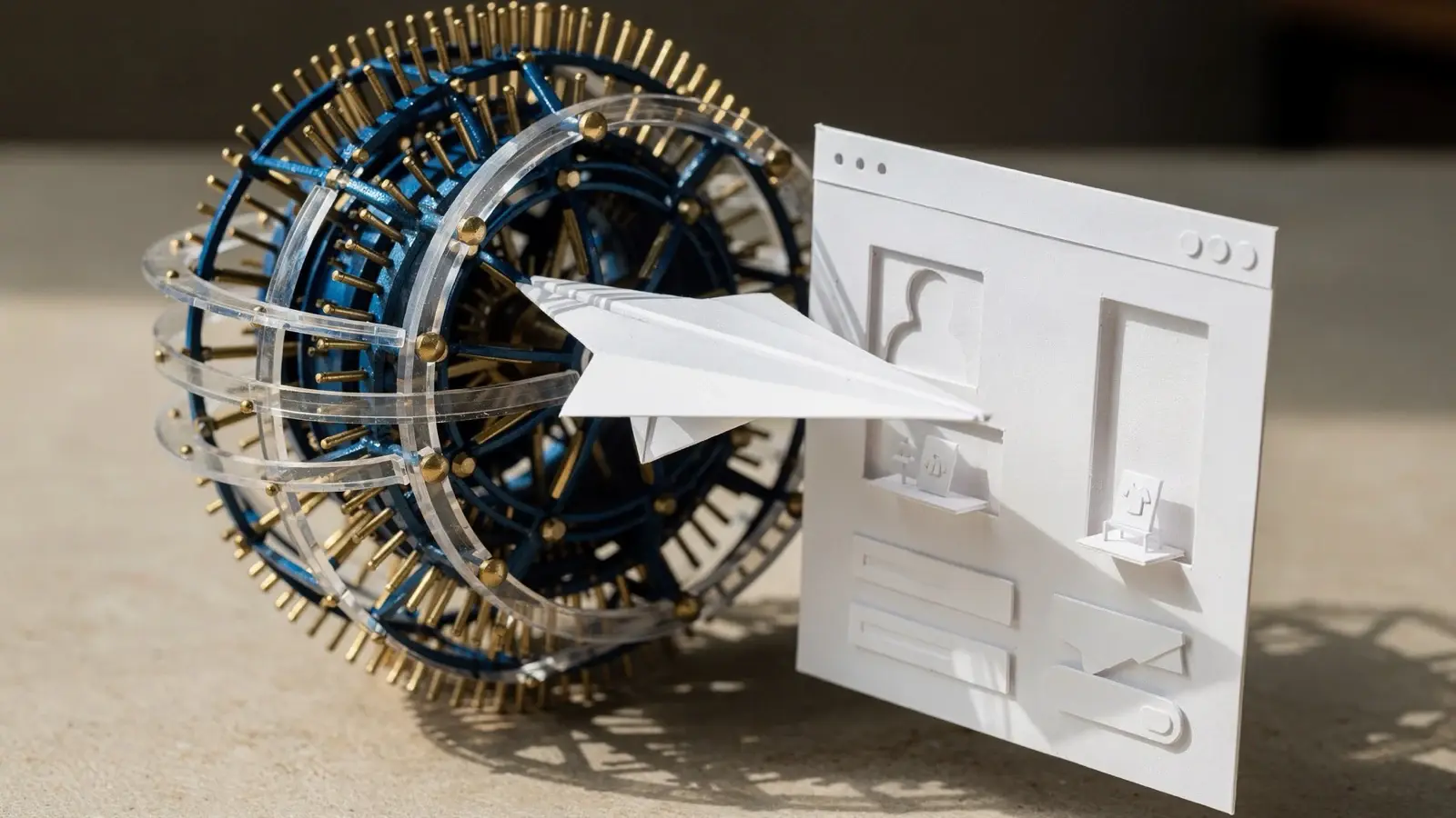 A Telegram paper plane passing through the global DNS root and unfolding into a personal website