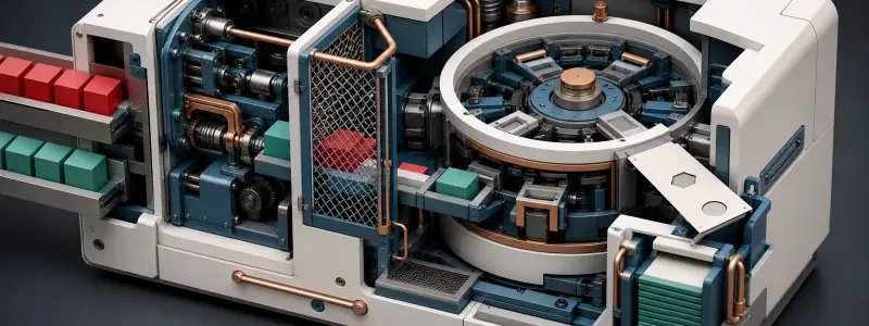 Cutaway trading machine routing colored market orders through a guarded risk gate and circular matching chamber