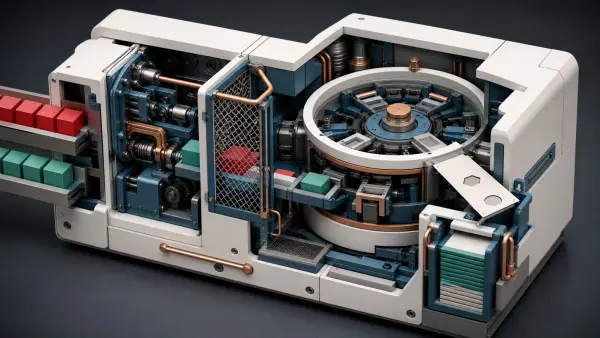 Cutaway trading machine routing colored market orders through a guarded risk gate and circular matching chamber