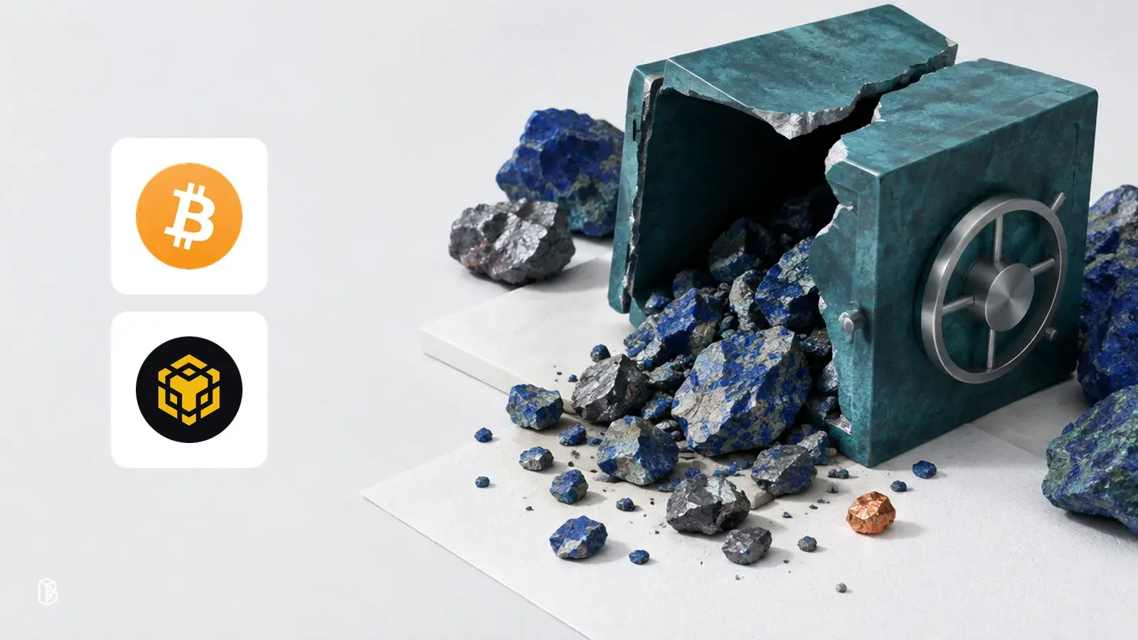 Bitcoin and BNB marks beside a fractured teal vault spilling ore-copper fragments onto mineral paper
