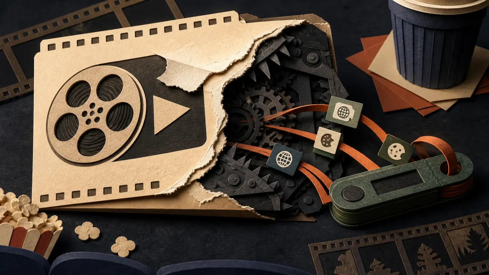 A paper movie file torn open to reveal gears pulling browser data and a hardware wallet into a hidden malware trap