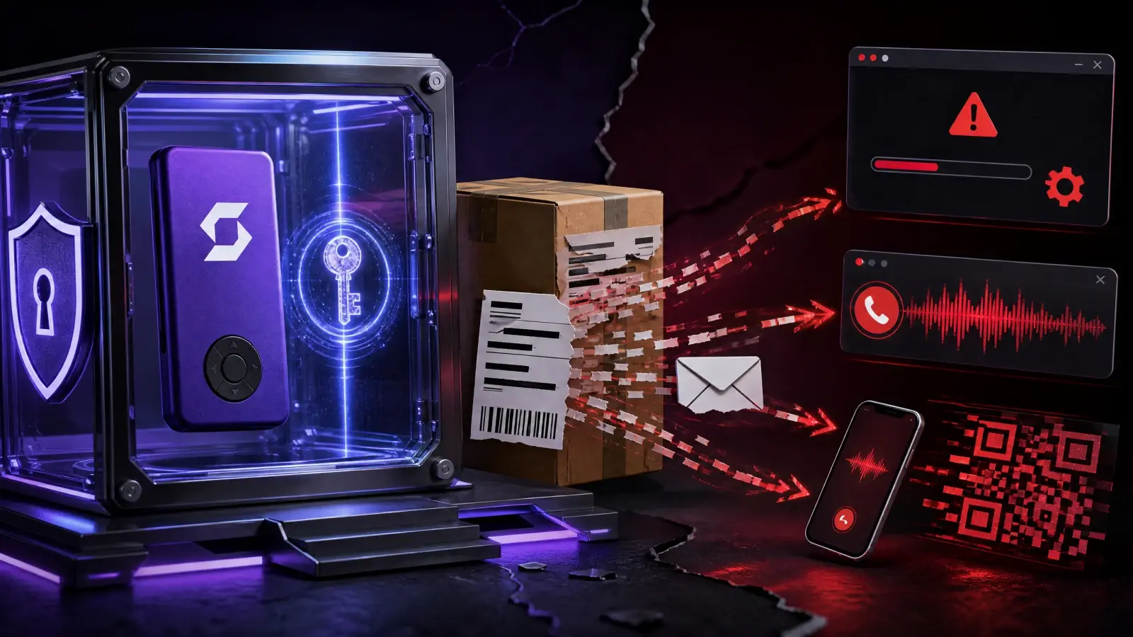 SafePal-style hardware wallet and cryptographic key protected inside a vault while customer shipping data flows toward phishing calls, email and a fake QR code