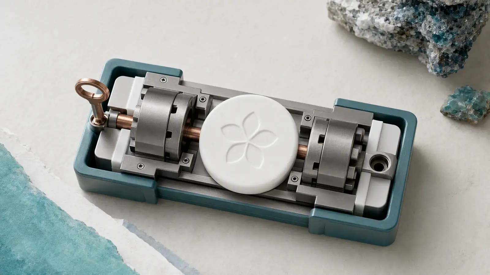 One copper key driving both locks of a dual-authorization cradle around a Hong Kong dollar stablecoin