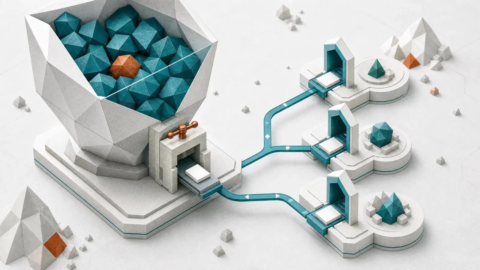 A large locked mineral reservoir releasing one daily compute tile to three AI model gateways