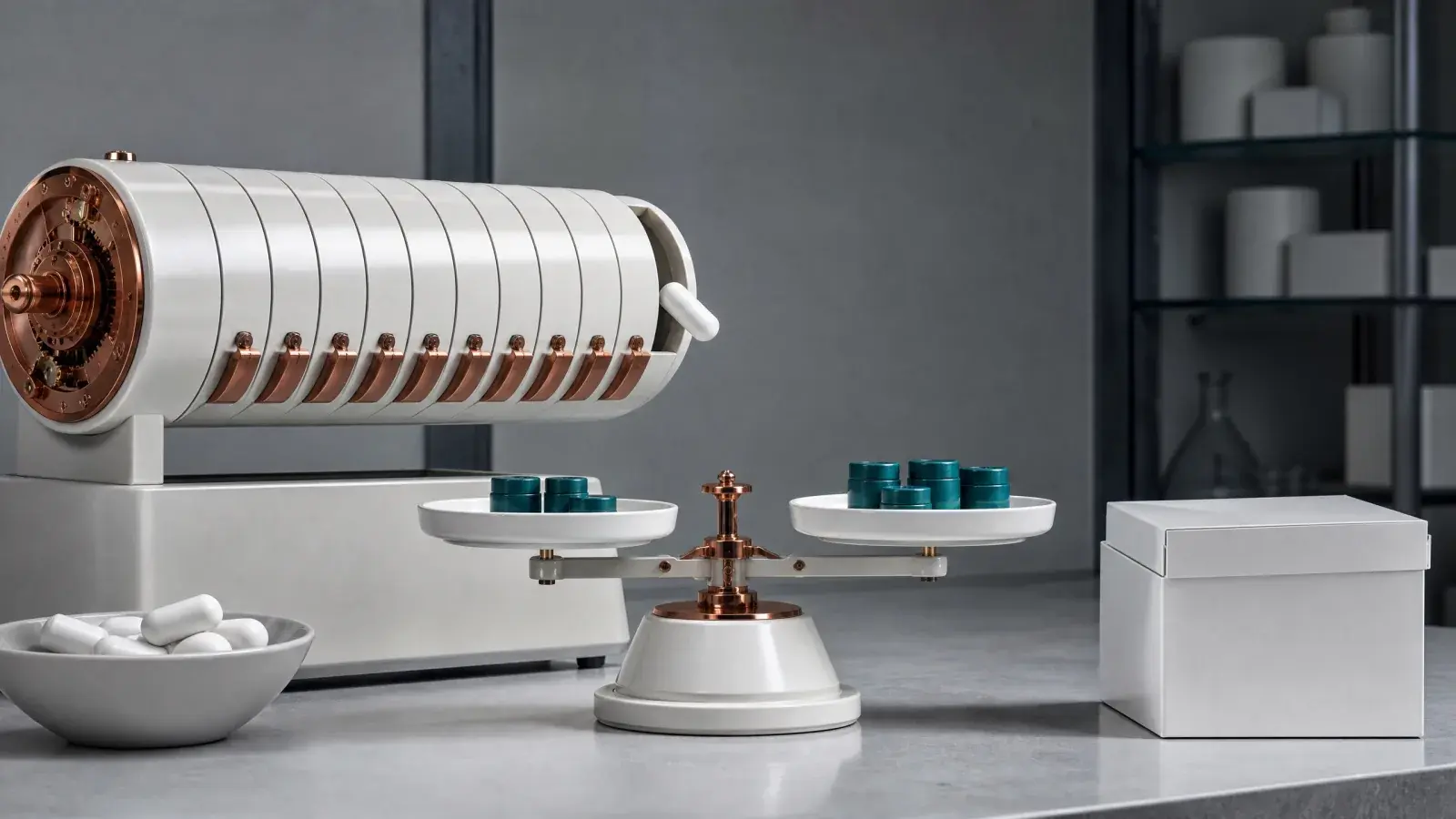 Unmarked time-lock drum releasing sealed evidence capsules toward a probability balance and sealed holdout box