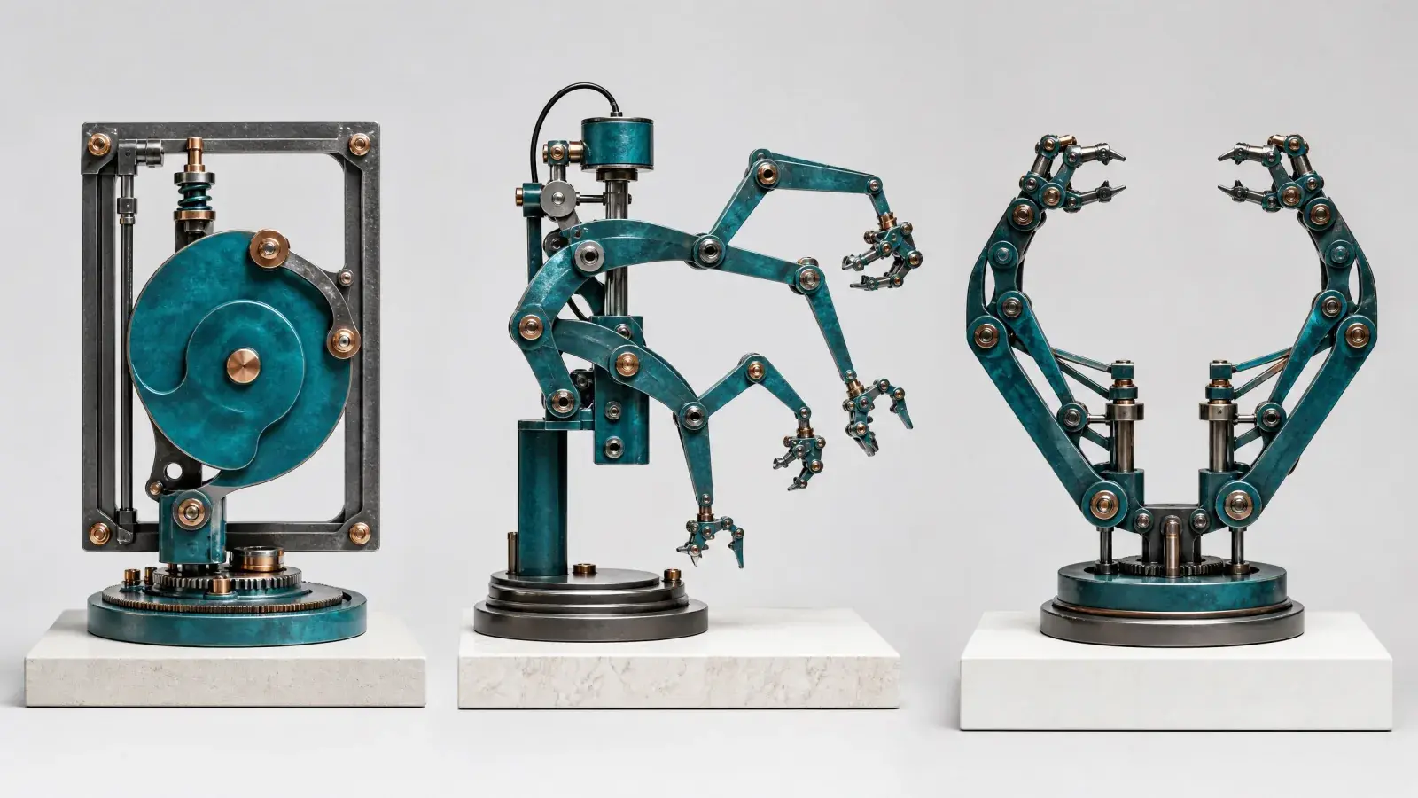 Three mechanical trading systems showing a repeating cam, an adaptive articulated agent, and mirrored copying arms