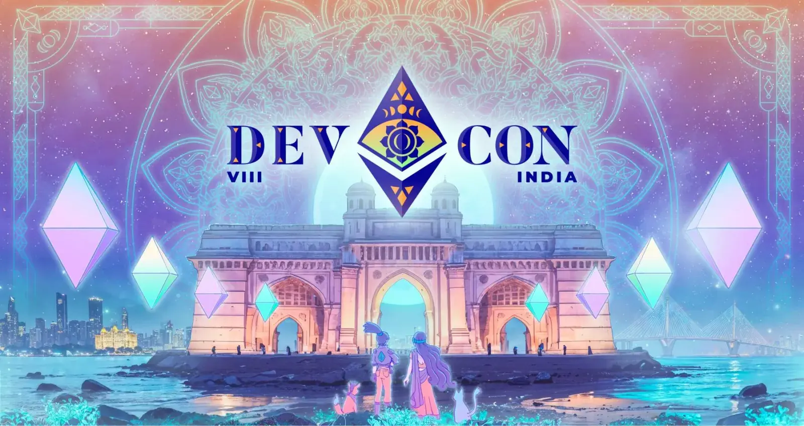 Devcon 8 India graphic with Ethereum symbols and Mumbai landmarks