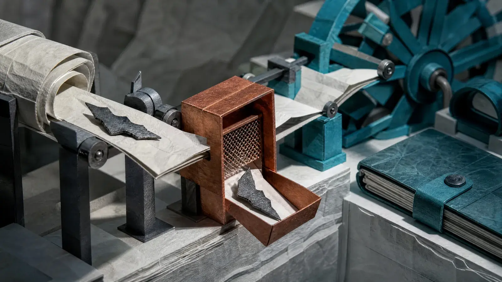 Folded news strip with a concealed jagged insert trapped by a copper filter before reaching trading machinery