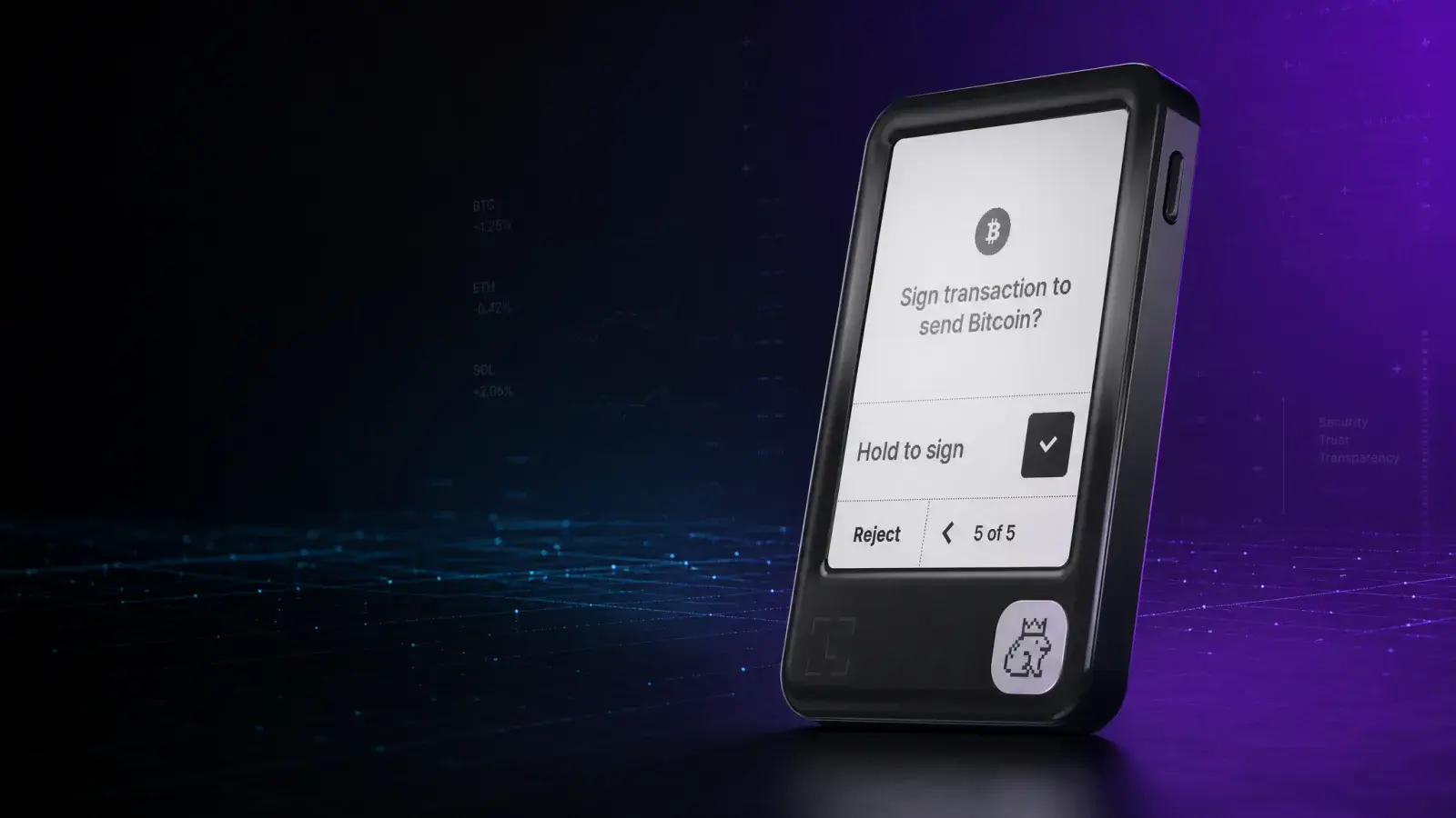 Ledger Nano Gen5 hardware wallet on a dark purple security-grid background