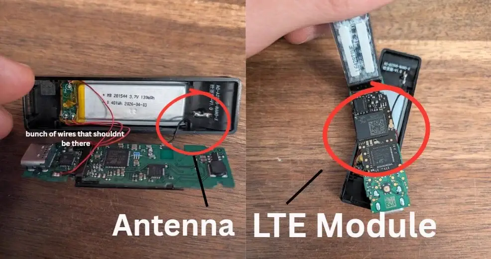 Johannes’s side-by-side annotated teardown photographs identifying an antenna, extra wires and an LTE module in his reported German retail device