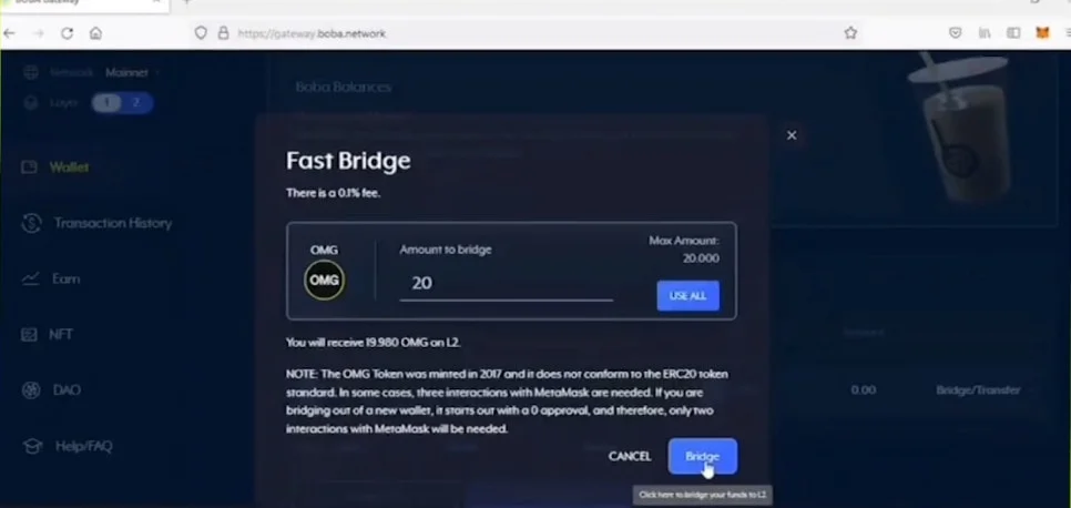 enter amount of OMG to bridge