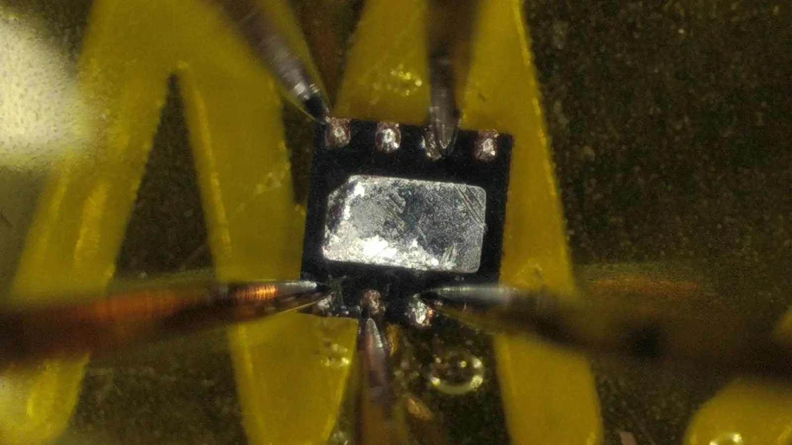 Microscope photograph posted by Mark Karpelès showing a tiny implant SIM chip with fine wires attached for examination