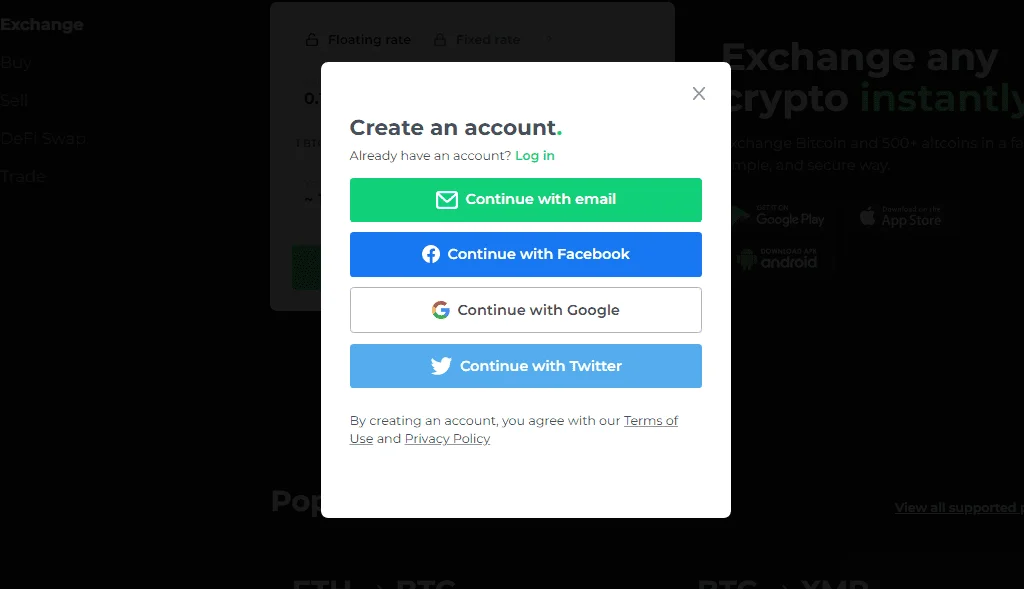 Sign up for Changelly