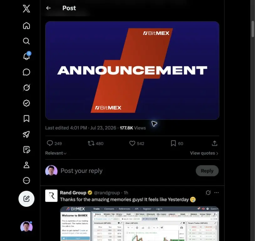 Screenshot of user reactions to the BitMEX closure announcement on X