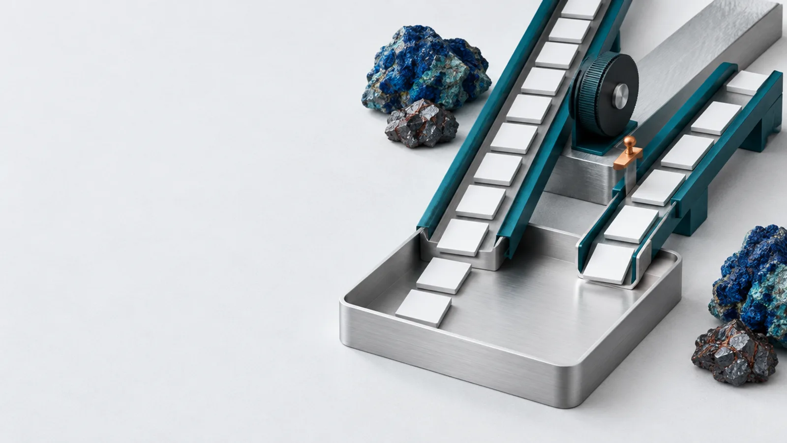 Two teal redemption lanes carry blank value tiles toward an aluminium settlement tray