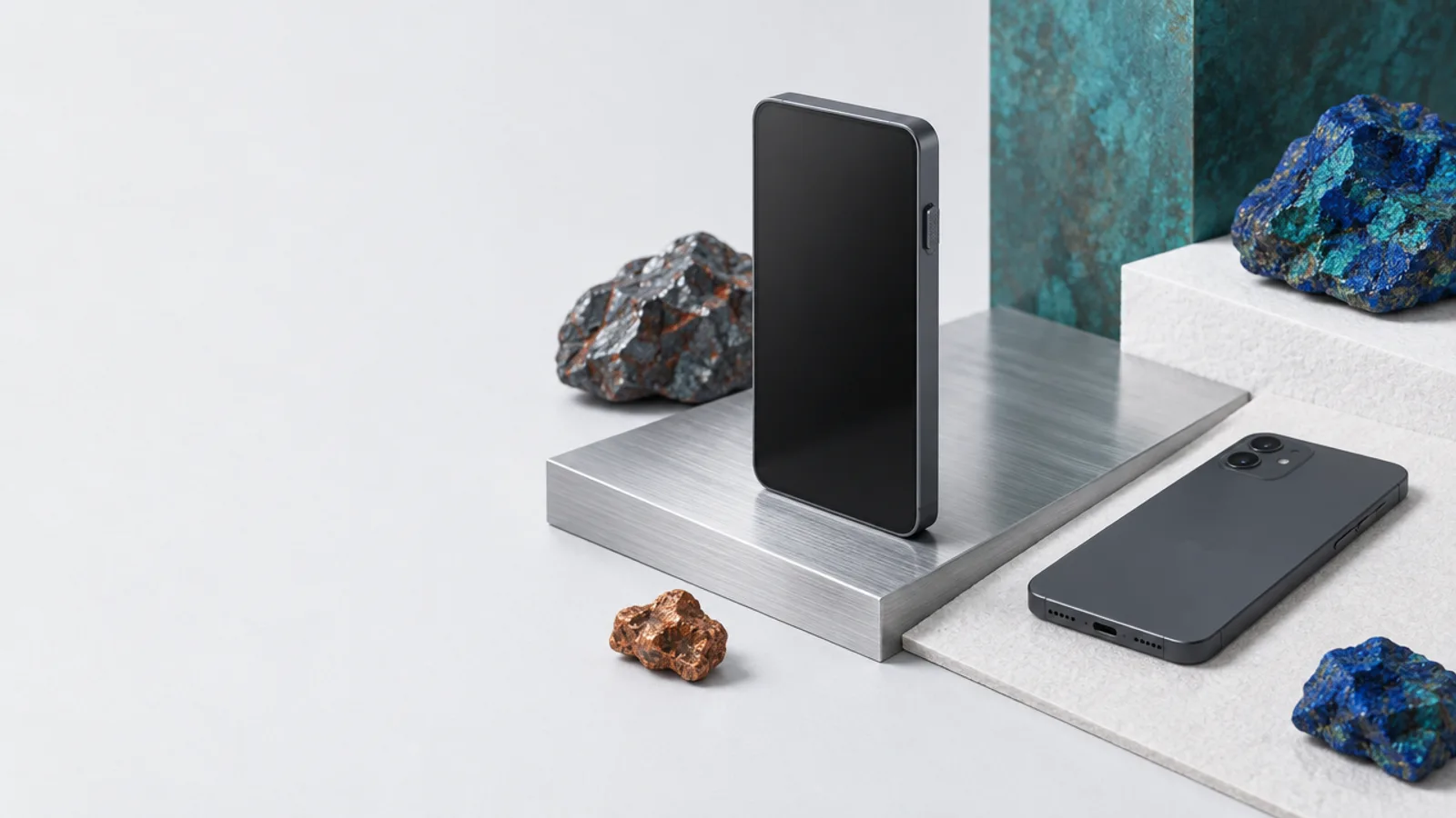 Illustration of a blank graphite security device beside a phone and mineral stones on brushed aluminium