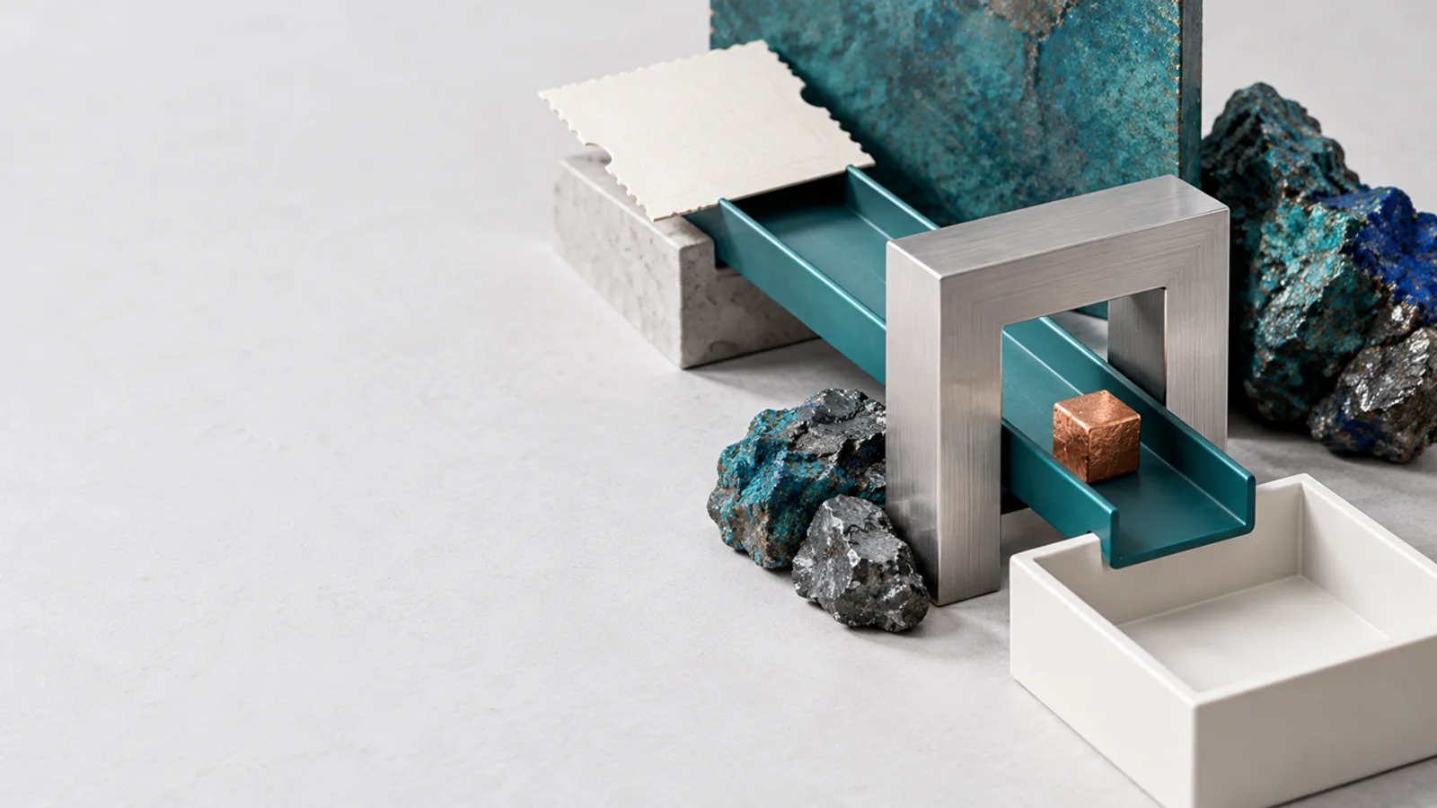 A copper cube passes from a blank concert ticket through a teal royalty channel into a collection tray